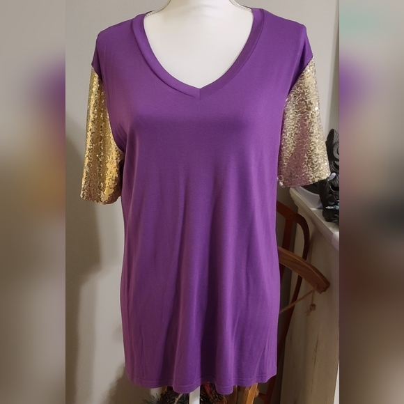 Topstype Women's Purple Short Sleeve Tee V Neck T Shirt Gold Sequin Large - Picture 1 of 4